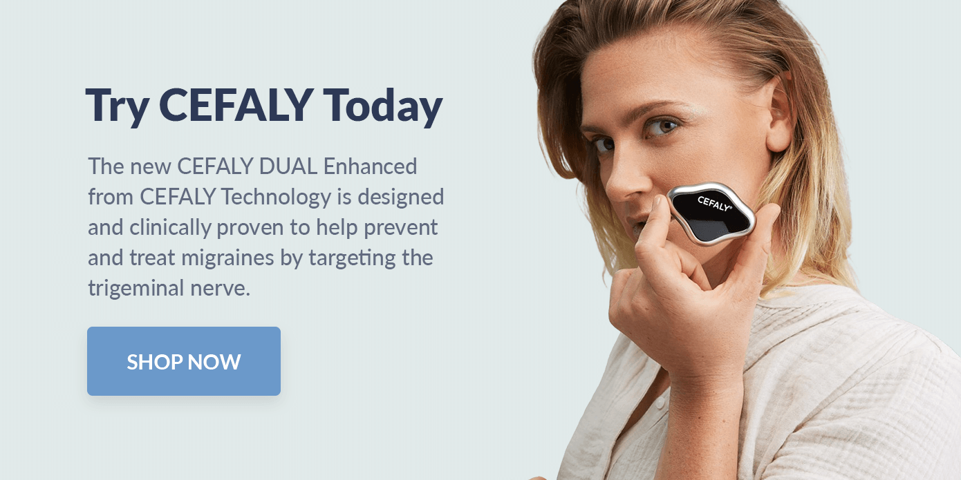 a woman holding a CEFALY device with the words Try CEFALY today