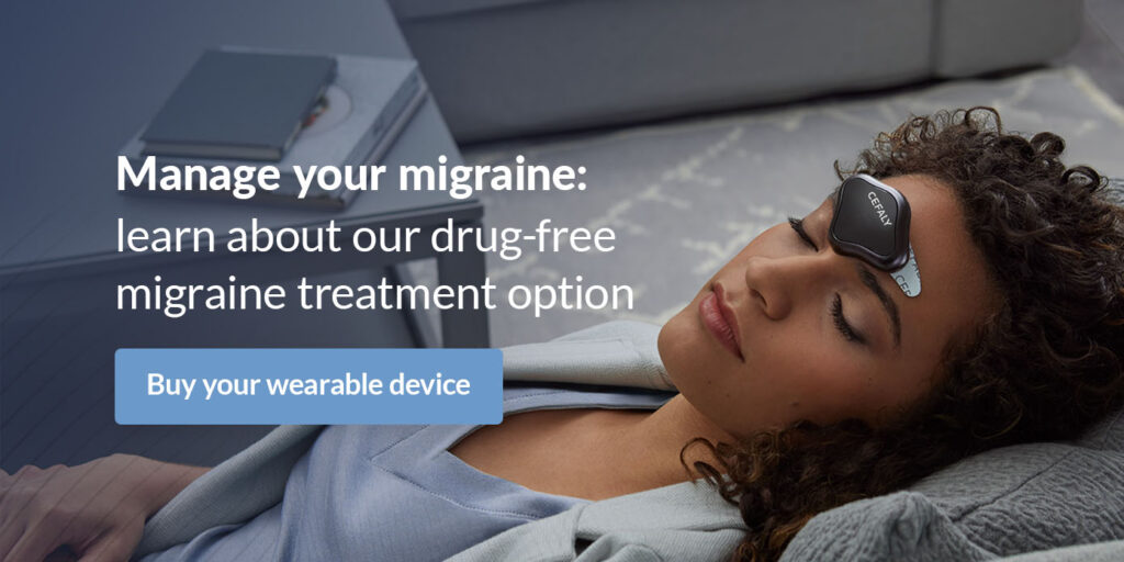 a woman laying on a couch with a wearable CEFALY device on her forehead