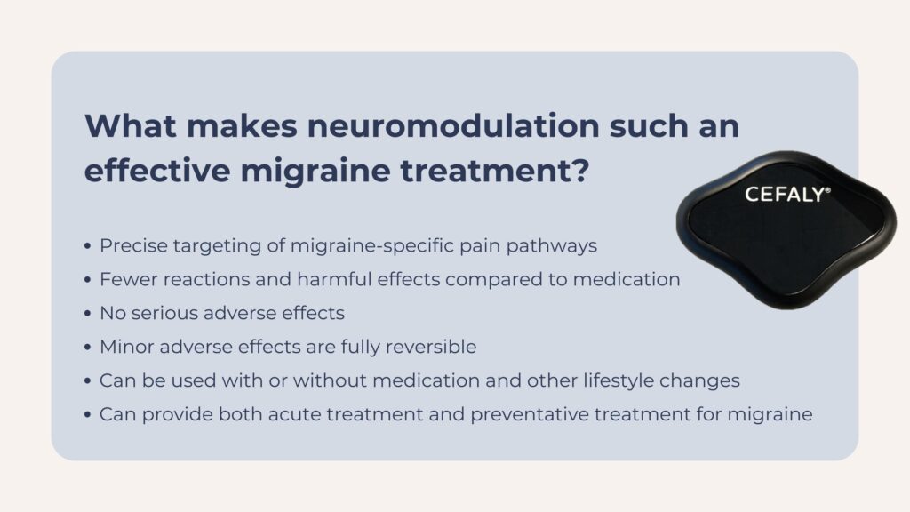 What makes neuromodulation such an effective migraine treatment?
Precise targeting of migraine-specific pain pathways.
Fewer reactions and harmful effects compared to medication.
No serious adverse effects.
Minor adverse effects are fully reversible.
Can be used with or without medication and other lifestyle changes.
Can provide both acute treatment and preventative treatment for migraine.