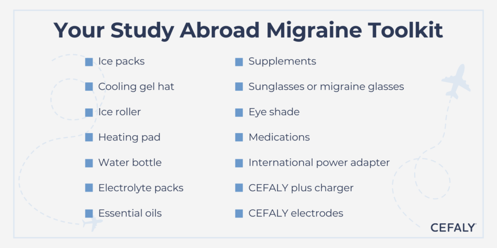 Your study abroad migraine toolkit. Ice packs, cooling gel hat, ice roller, heating pad, water bottle, electrolyte packs, essential oils, supplements, sunglasses or migraine glasses, eye shade, medications, international power adapter, CEFALY plus charger, CEFALY electrodes.